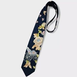 LEONARD Navy Floral Butterfly Cart Silk LUXURY Tie ITALY